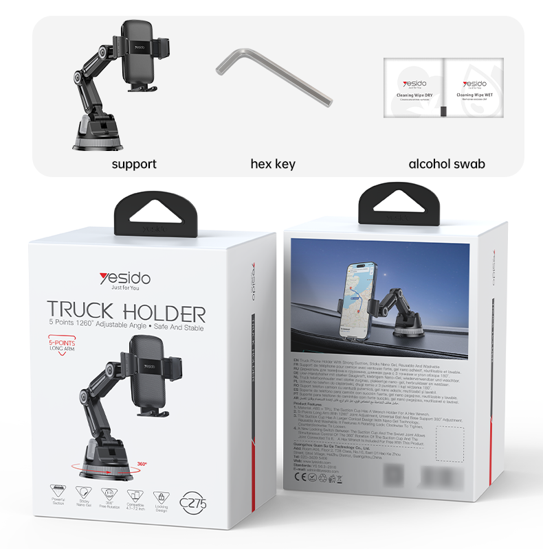 Yesido C275 Truck Phone Mount - 1260° Adjustable Long Arm & Anti-Shake