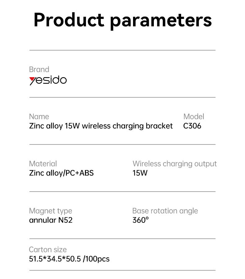 Yesido C306 Magnetic Car Wireless Charger - 15W Fast Charge & Ultra Stability