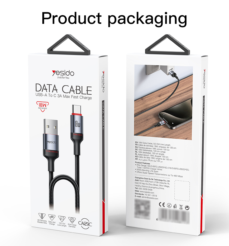 كابل يسيدو Yesido CA129C بطول 1.2 متر (USB-A إلى Type-C) بقوة 18 واط - مصنع بتقنية التشكيل ثلاثي المراحل ومقاوم للقطع