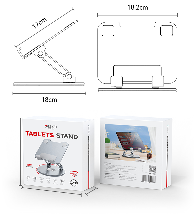 Yesido C293 Aluminum Desktop Stand - 360° Rotating & Foldable for Tablets