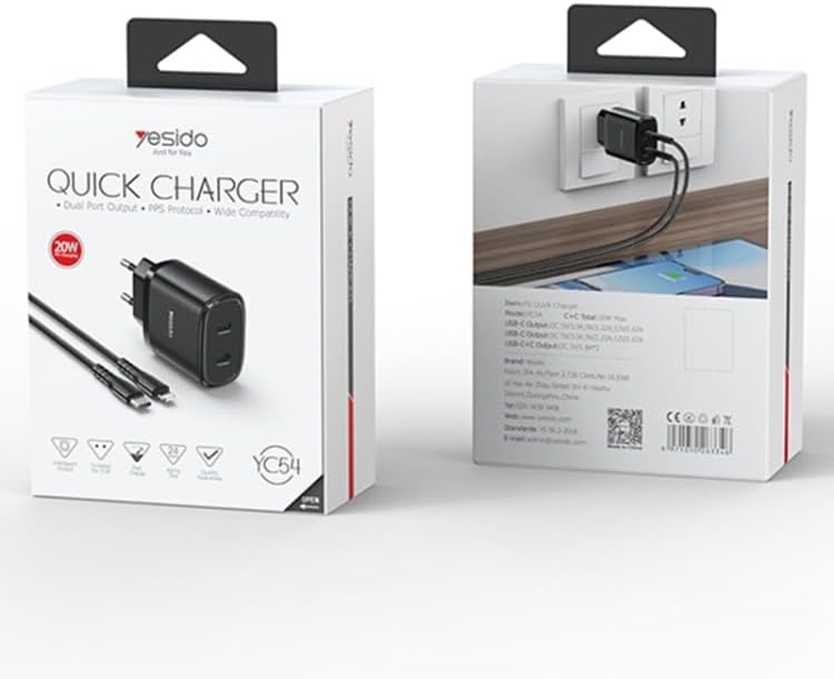 Yesido YC56 20W Dual Type-C Fast Travel Charger – Includes 1M USB-C to USB-C Cable