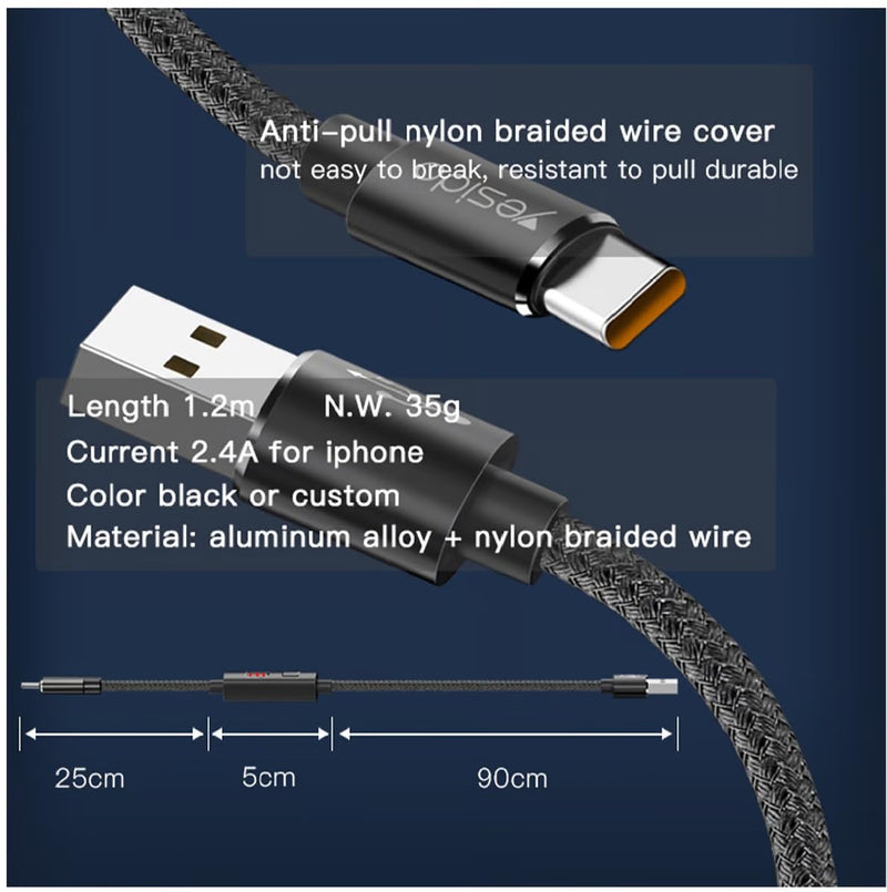 Yesido CA46 Intelligent Type-C Data Cable – 1.2m Smart Timing Cut-Off Technology with Aluminum Alloy Shells (2.4A Max / USB 2.0)