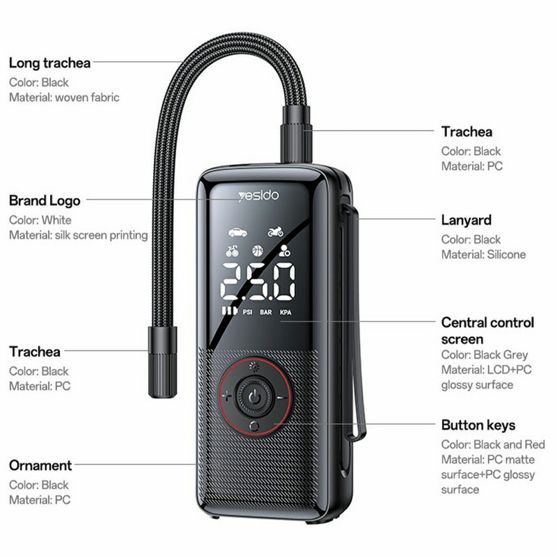 Yesido VC17 Multi-functional Wireless Tire Inflator – Portable Air Compressor with LCD Digital Display