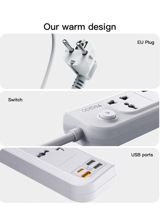 Yesido MC22 3250W Smart Power Strip – 4 AC Outlets & 4 Fast Charging Ports (3 Meters Cable)