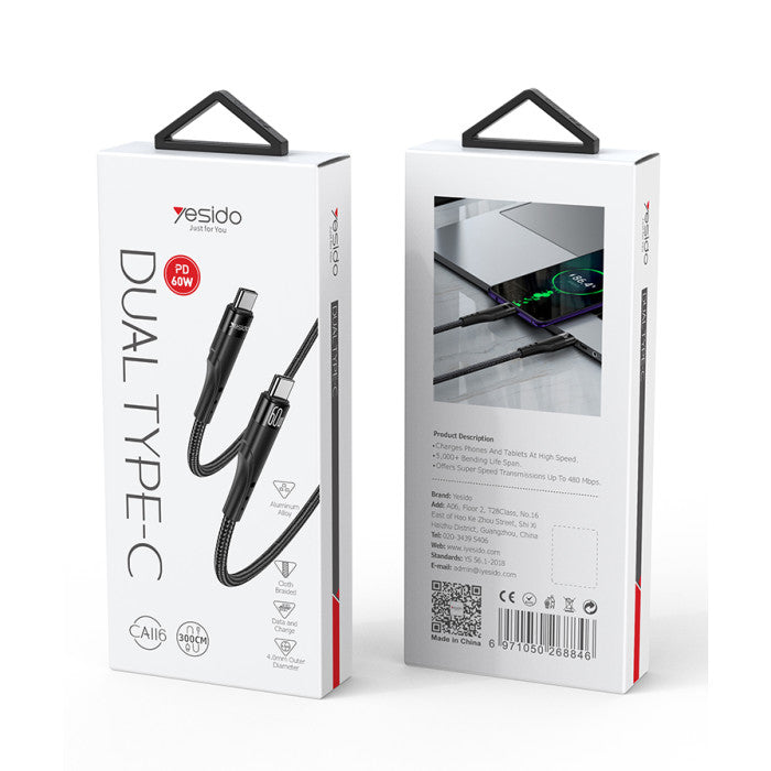 Yesido CA116 60W PD Fast USB-C to USB-C Cable – 3m Ultra-Long Braided Nylon & Aluminum Alloy Connectors (Black)