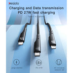 Yesido CA115 27W PD Fast USB-C to Lightning Cable – 3m Ultra-Long Braided Nylon & Aluminum Alloy Connectors (Black)