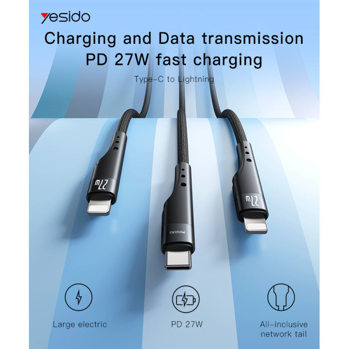 Yesido CA115 27W PD Fast USB-C to Lightning Cable – 3m Ultra-Long Braided Nylon & Aluminum Alloy Connectors (Black)