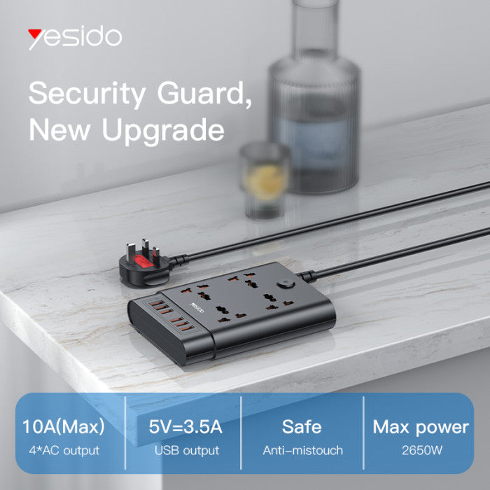 Yesido MC08 10-in-1 Smart Power Strip – 2650W, 4 Universal AC Outlets & 6 USB Ports (2 Meters)