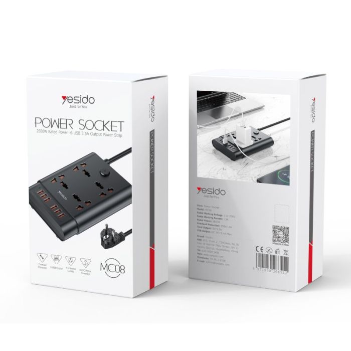 Yesido MC08 10-in-1 Smart Power Strip – 2650W, 4 Universal AC Outlets & 6 USB Ports (2 Meters)
