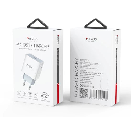شاحن Yesido YC-27 السريع بقوة 18 واط - منفذ Type-C بتقنية Power Delivery (PD)