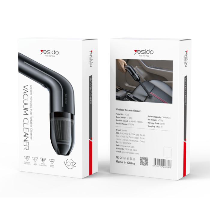 Yesido VC02 Professional Wireless Vacuum Cleaner – 6000Pa Powerful Suction with 5000mAh Battery