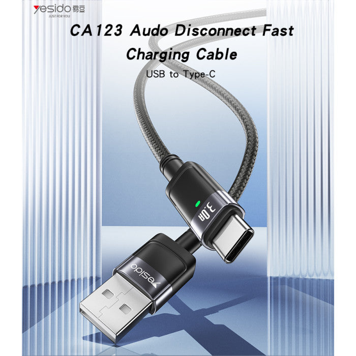 Yesido CA123 Smart Type-C to Lightning Data Cable – 1.2m Auto-Disconnect & Auto-Reconnect Armor Cable with LED Breathing Light (27W / 3A Max)