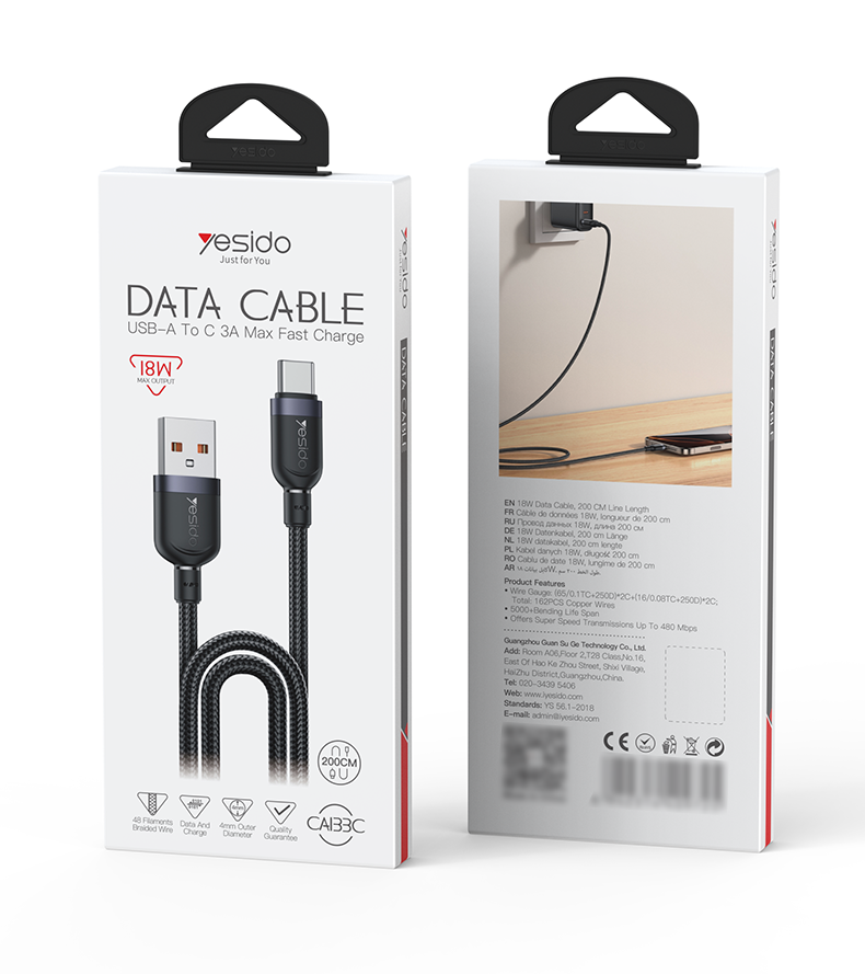 Yesido CA133C 18W Long USB-A to USB-C Cable – 2m Braided Nylon & Aluminum Alloy Connectors (3A)