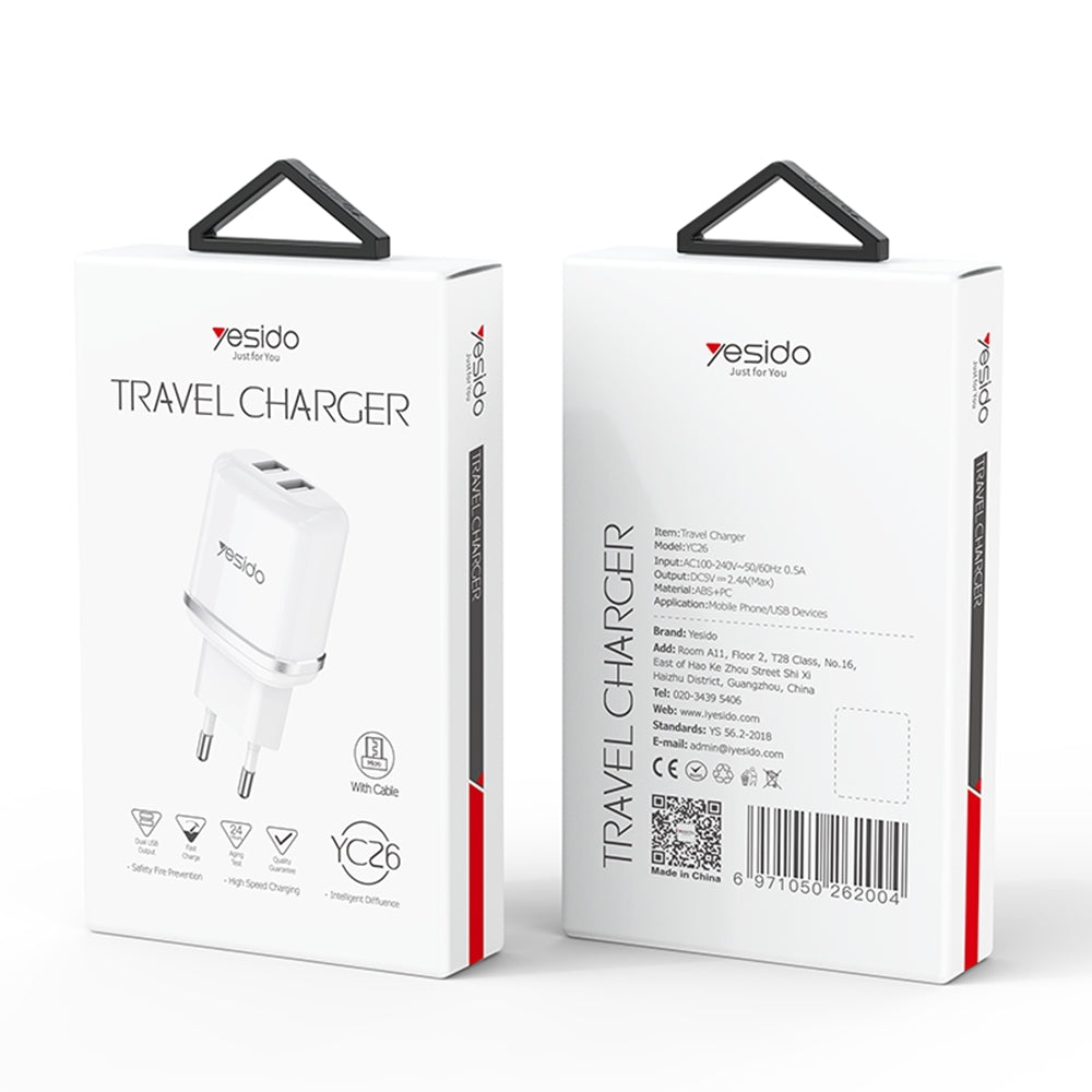 شاحن السفر Yesido YC-26 بمنفذين USB وقدرة 2.4A - يشمل كابل Micro USB