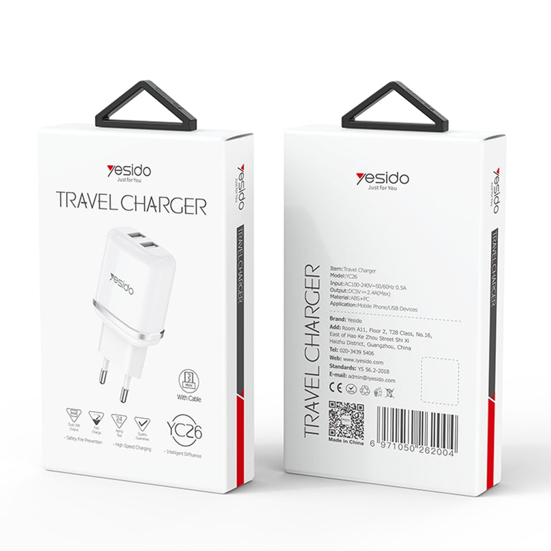 Yesido YC-26 Dual USB Travel Charger 2.4A – Includes Micro USB Cable