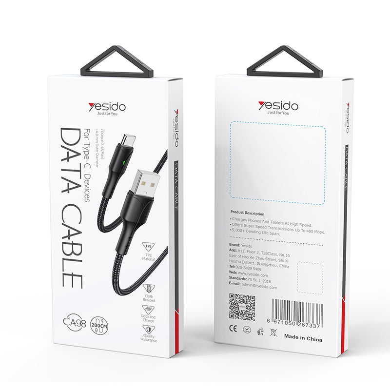 Yesido CA98 C Smart LED Display Type-C Data Cable – 2m Heavy-Duty PP+PVC Braided Shielding with 2.4A Fast Charging
