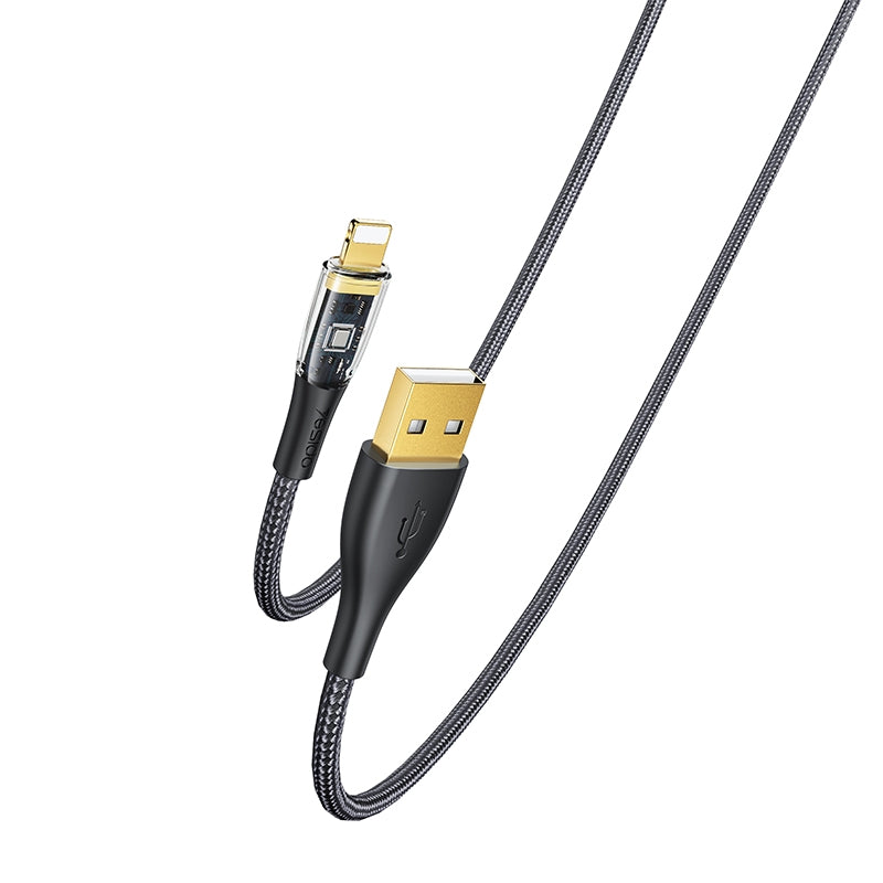 Yesido CA104 Transparent Gold Braided USB to Lightning Data Cable – 1.2m TPE+PC Protective Armor Sleeve with 2.4A Fast Charging