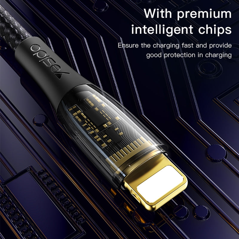 Yesido CA104 Transparent Gold Braided USB to Lightning Data Cable – 1.2m TPE+PC Protective Armor Sleeve with 2.4A Fast Charging