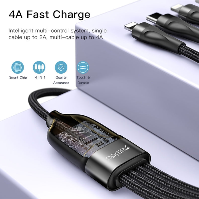 Yesido CA111 20W 4-in-1 Multi-Charging Cable – 1.2m Braided Nylon USB to Dual Lightning & Dual Type-C (4A Max)