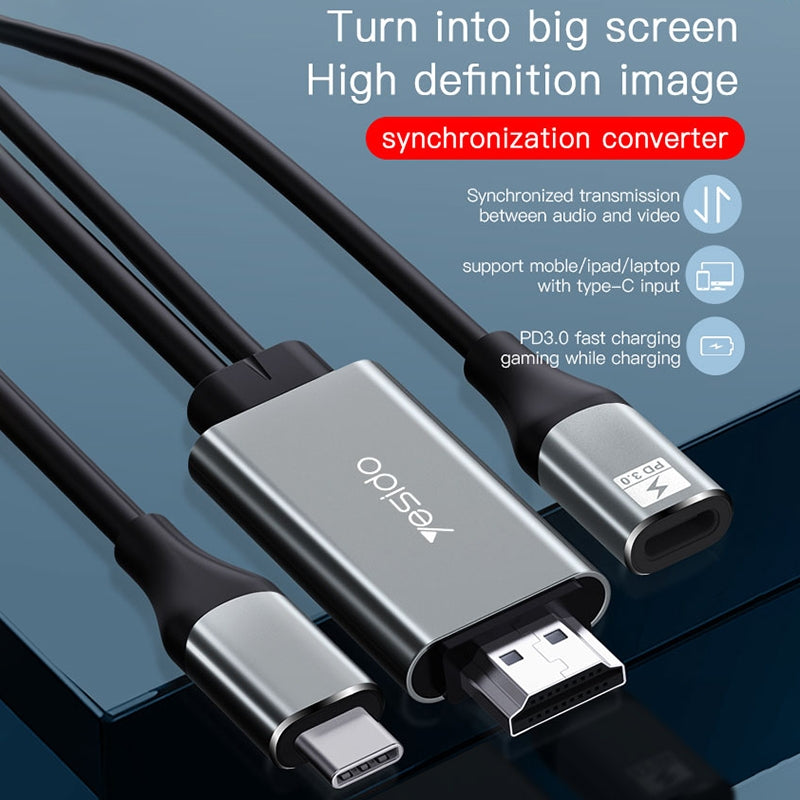 Yesido HM01 85W PD USB-C to HDMI Cable Adapter – 1.8m High-Definition Display Cable with PD3.0 Fast Charging (Gray)