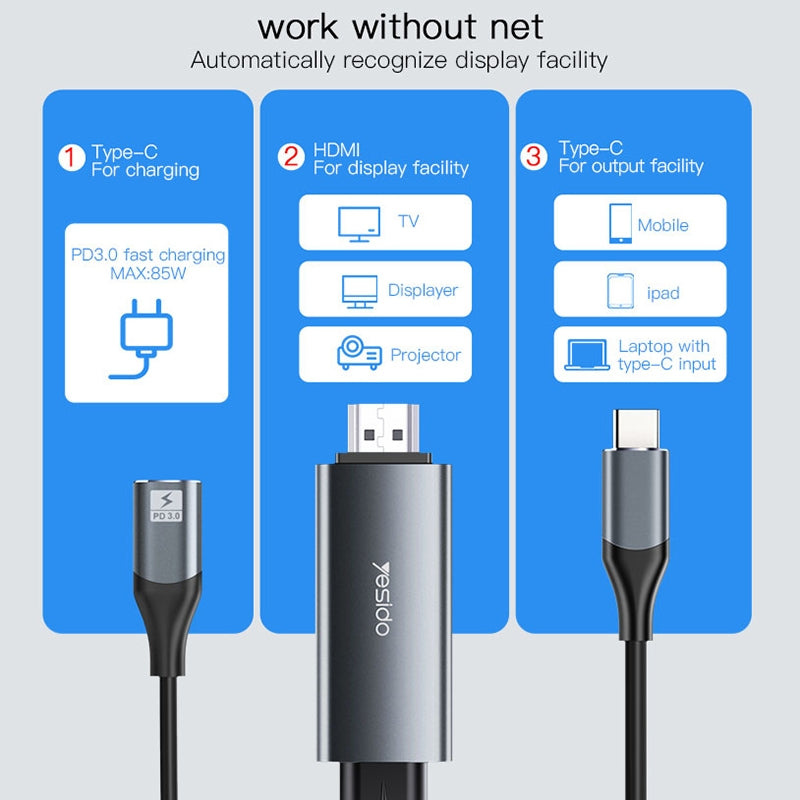 Yesido HM01 85W PD USB-C to HDMI Cable Adapter – 1.8m High-Definition Display Cable with PD3.0 Fast Charging (Gray)