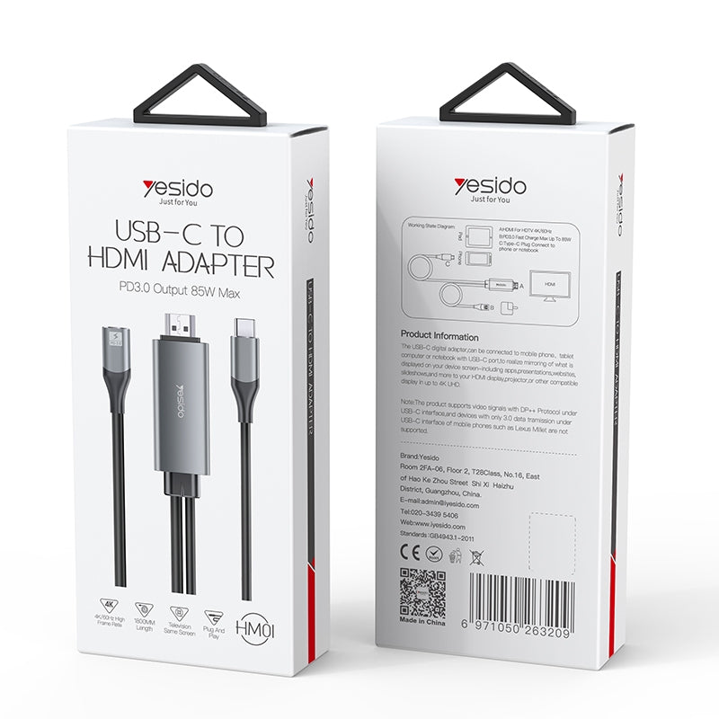 Yesido HM01 85W PD USB-C to HDMI Cable Adapter – 1.8m High-Definition Display Cable with PD3.0 Fast Charging (Gray)