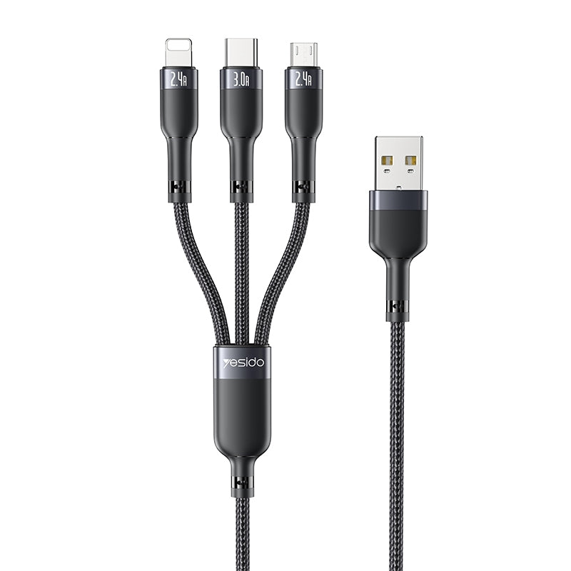 Yesido CA91 3-in-1 Multi-Charging Cable – 1.2m Heavy-Duty Braided Wire with Aluminum Alloy Shells & Lightning, Type-C, and Micro USB Ports