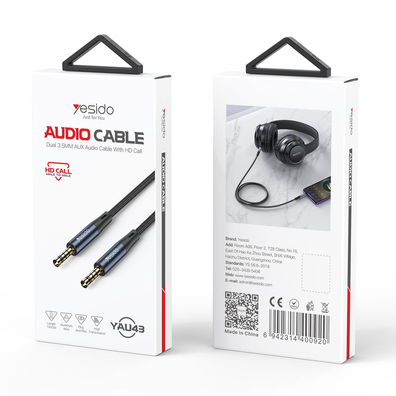 Yesido YAU43 3.5mm to 3.5mm Aux Audio Cable – 1.2m Heavy-Duty 3.48-Braided Nylon Wire with Gold-Plated Plugs Supporting High-Definition Voice Calls (Gun Gray)