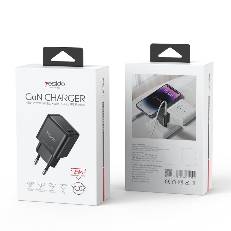 Yesido YC62 25W GaN Fast Wall Charger – Type-C PD Port with PPS Support