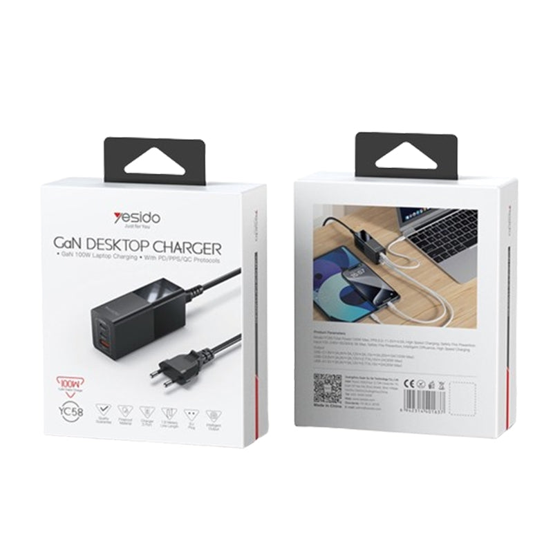 Yesido YC58 100W GaN Desktop Charger – 3 Ports (2x Type-C + USB) with Integrated AC Socket