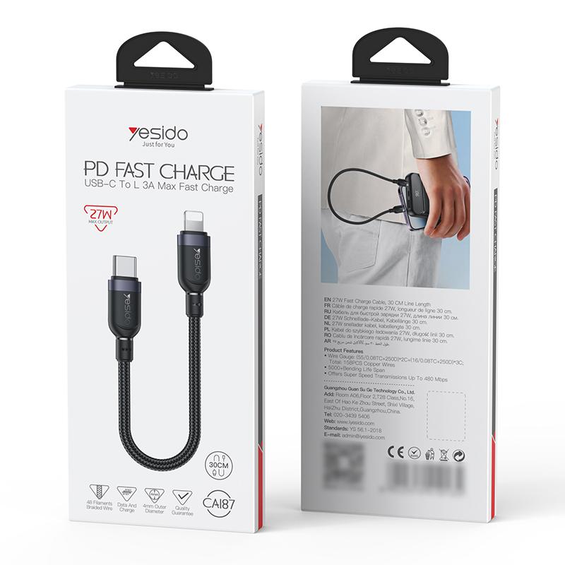 Yesido CA187 27W 3A USB-C to Lightning Charging & Data Cable – 0.3m Compact Braided Design (Black)