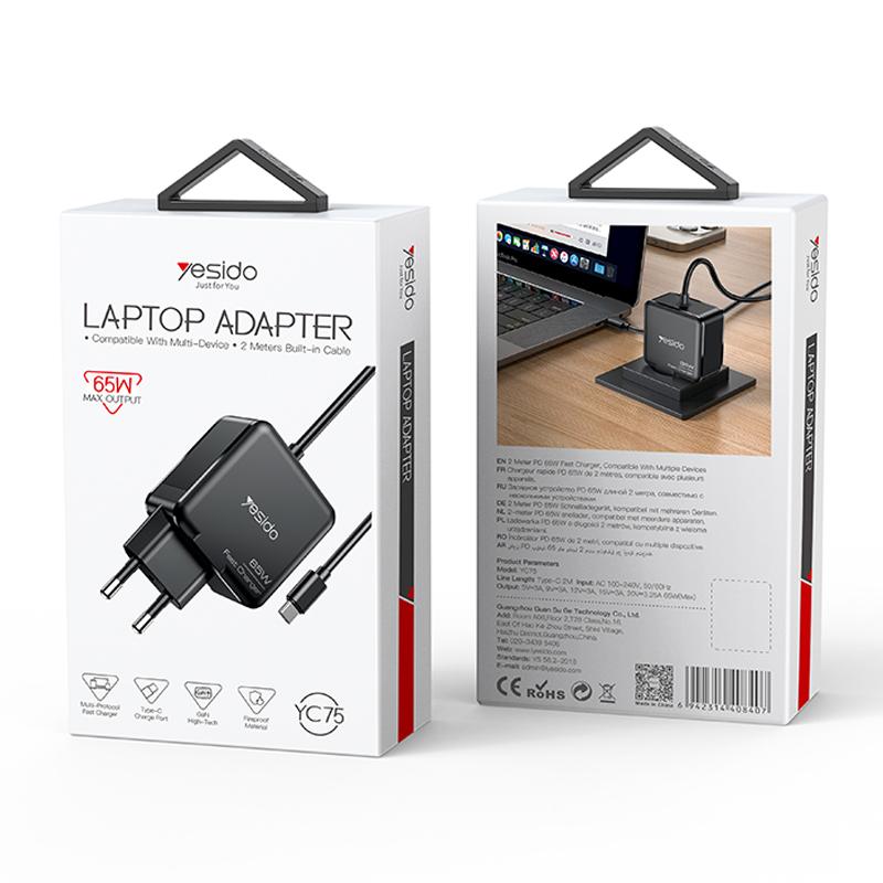 Yesido YC75 65W PD Fast Wall Charger – Type-C Laptop Adapter with 2M Integrated Cable