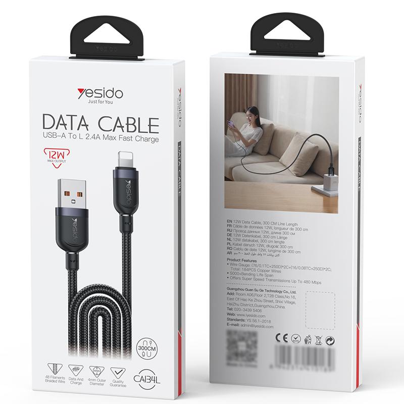 Yesido CA134L 12W Extra-Long USB-A to Lightning Cable – 3m Braided Nylon & Aluminum Alloy Connectors (2.4A)