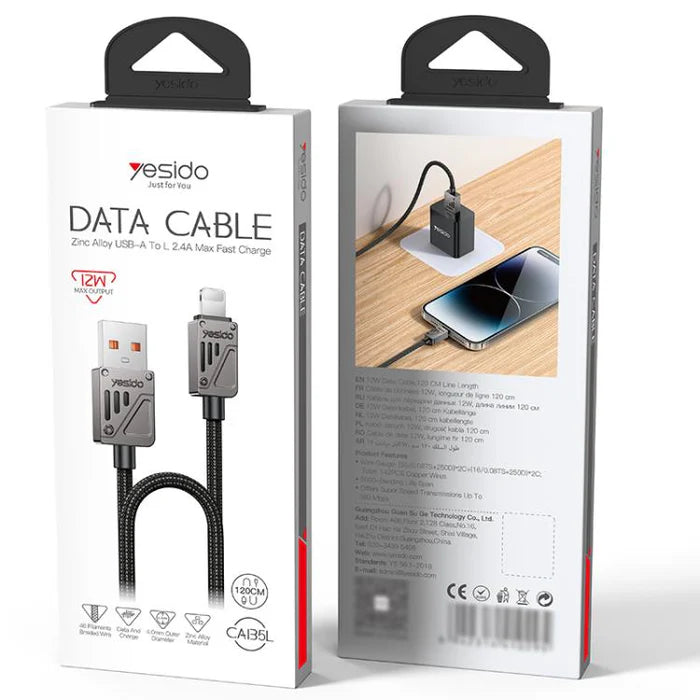كابل يسيدو Yesido CA135L بطول 1.2 متر (USB-A إلى Lightning) بقوة 12 واط - تصميم مضفر بلونين متميزين وهيكل من سبائك الزنك
