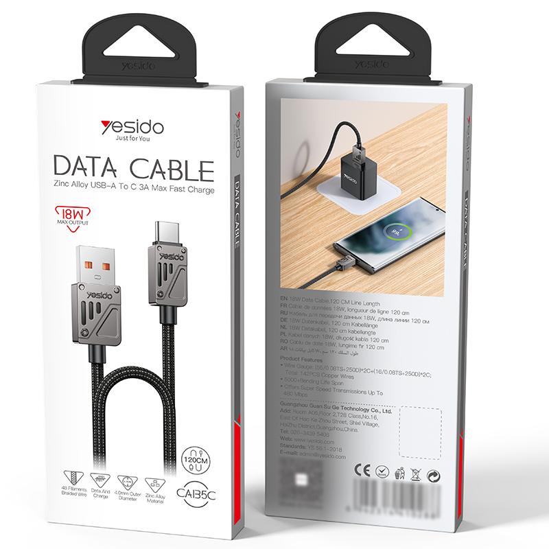 كابل يسيِدو Yesido CA135C بطول 1.2 متر (USB-A إلى Type-C) بقوة 18 واط - تصميم مضفر بلونين متميزين وهيكل من سبائك الزنك