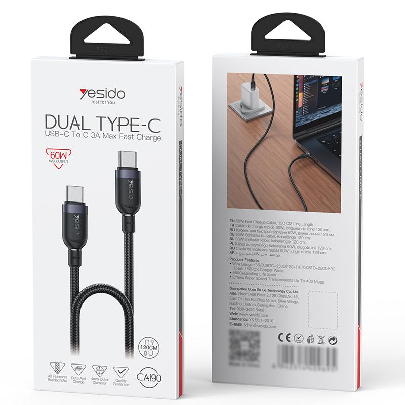 كابل يسيدو Yesido CA190 المتين (Type-C إلى Type-C) بقوة 60 واط وطول 1.2 متر - شحن سريع ونقل بيانات فائق