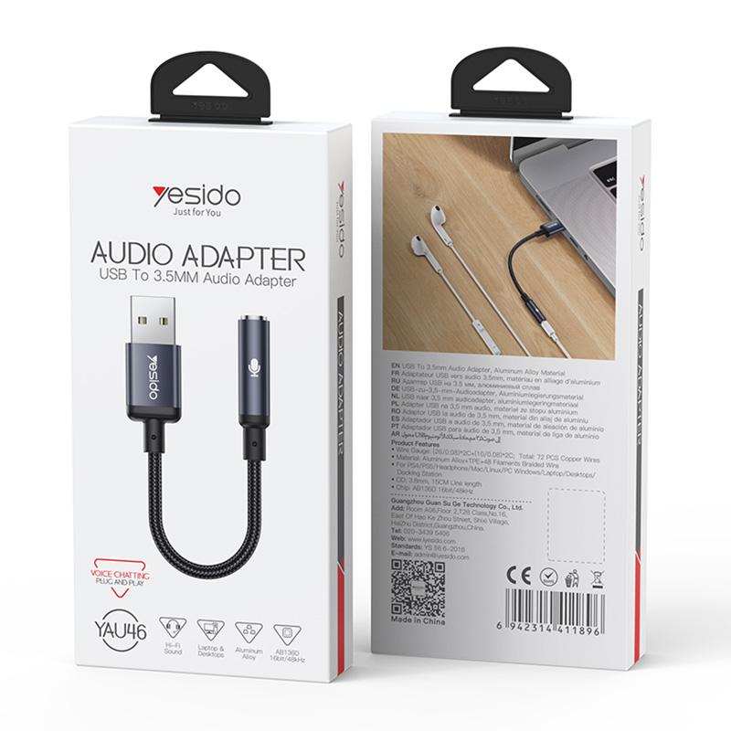 Yesido YAU46 USB to 3.5mm Digital Audio Jack Adapter – Premium DAC Chip (16bit/48KHZ), Aluminum Alloy Connectors & TPE Cable Supporting Voice Calls