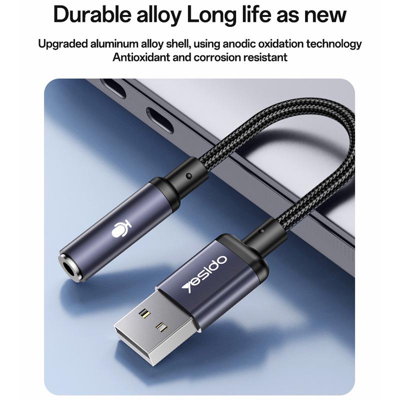 Yesido YAU46 USB to 3.5mm Digital Audio Jack Adapter – Premium DAC Chip (16bit/48KHZ), Aluminum Alloy Connectors & TPE Cable Supporting Voice Calls