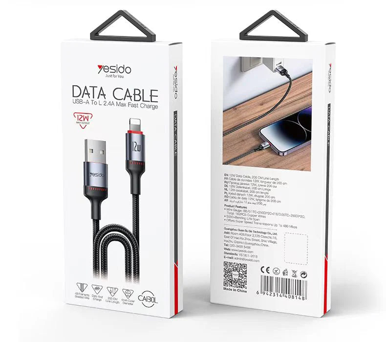 كابل يسيدو Yesido CA130L بطول 2 متر (USB-A إلى Lightning) بقوة 12 واط - مصنع بتقنية التشكيل ثلاثي المراحل ومقاوم للقطع
