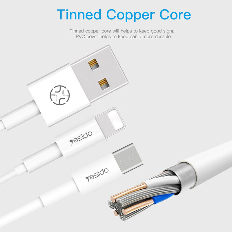 Yesido CA22 Standard 8-Pin Lightning Fast Charging Data Cable – 1.2m Flexible Round Armor Cable for iPhone (2.4A Max / White)