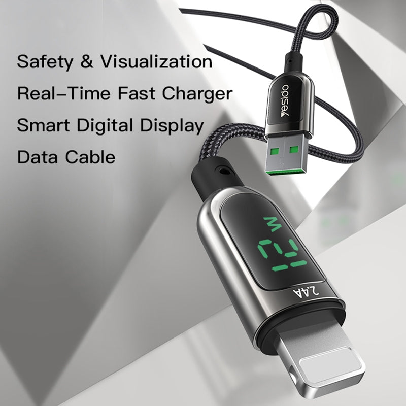 Yesido CA84 Smart Digital Display USB to Lightning Data Cable – 1.2m Heavy-Duty Nylon Braided Armor with Zinc Alloy Shells (2.4A Max)
