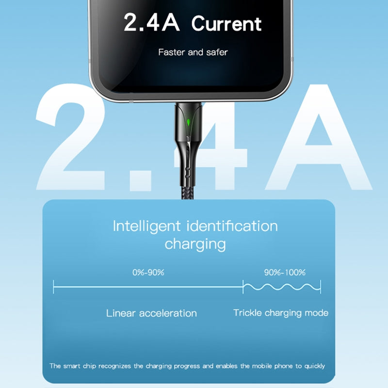 Yesido CA97 L-C Smart LED Display USB to Lightning Data Cable – 1.2m Heavy-Duty PP+PVC Braided Shielding with 2.4A Fast Charging