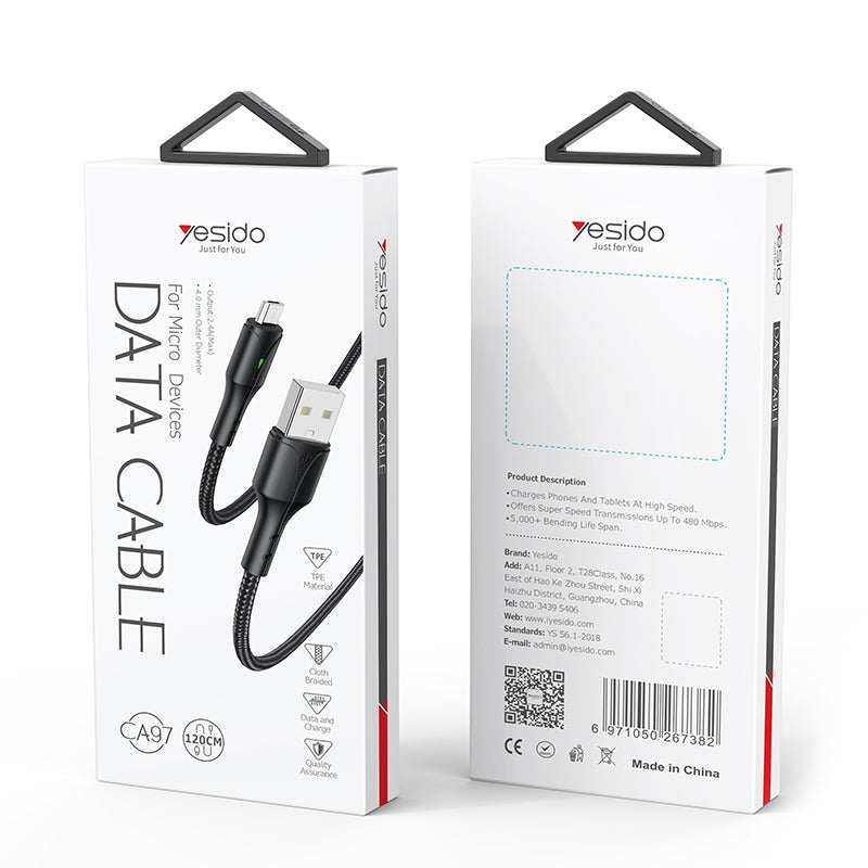 Yesido CA97 L-C Smart LED Display USB to Lightning Data Cable – 1.2m Heavy-Duty PP+PVC Braided Shielding with 2.4A Fast Charging