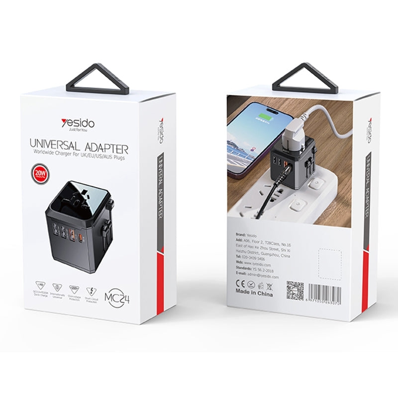 Yesido MC24 Universal Travel Adapter 2000W – 20W PD & 18W QC 3.0 with 4 USB/Type-C Ports