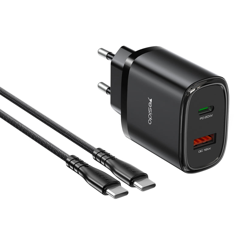Yesido YC50 20W Fast Travel Charger – Dual Port (USB-C + USB-A) with 1M C-C Cable