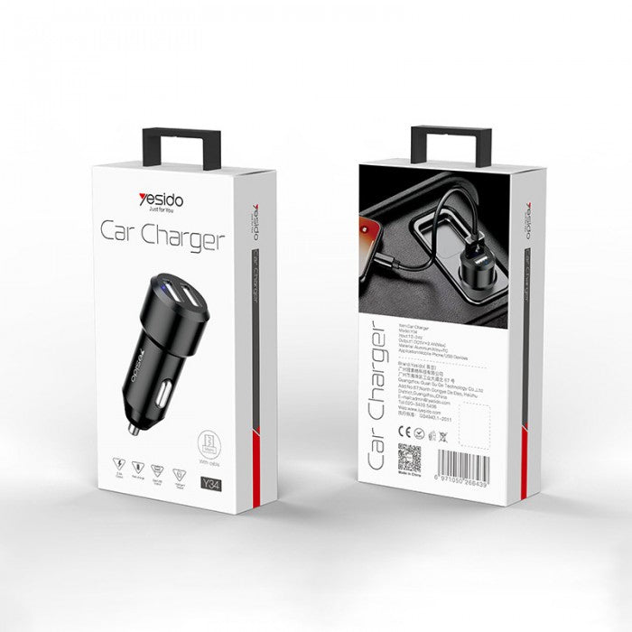 Yesido Y34 Compact Car Charger – Dual USB Ports 2.4A with Aluminum Alloy Shell