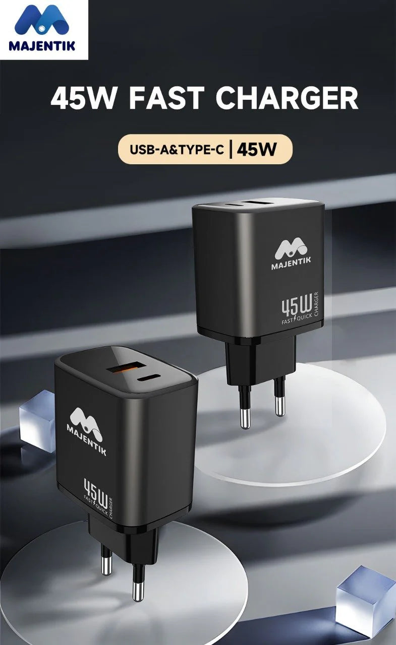 Majentik MC-006 45W GaN Fast Charger – Dual Port USB & PD Compact Wall Charger