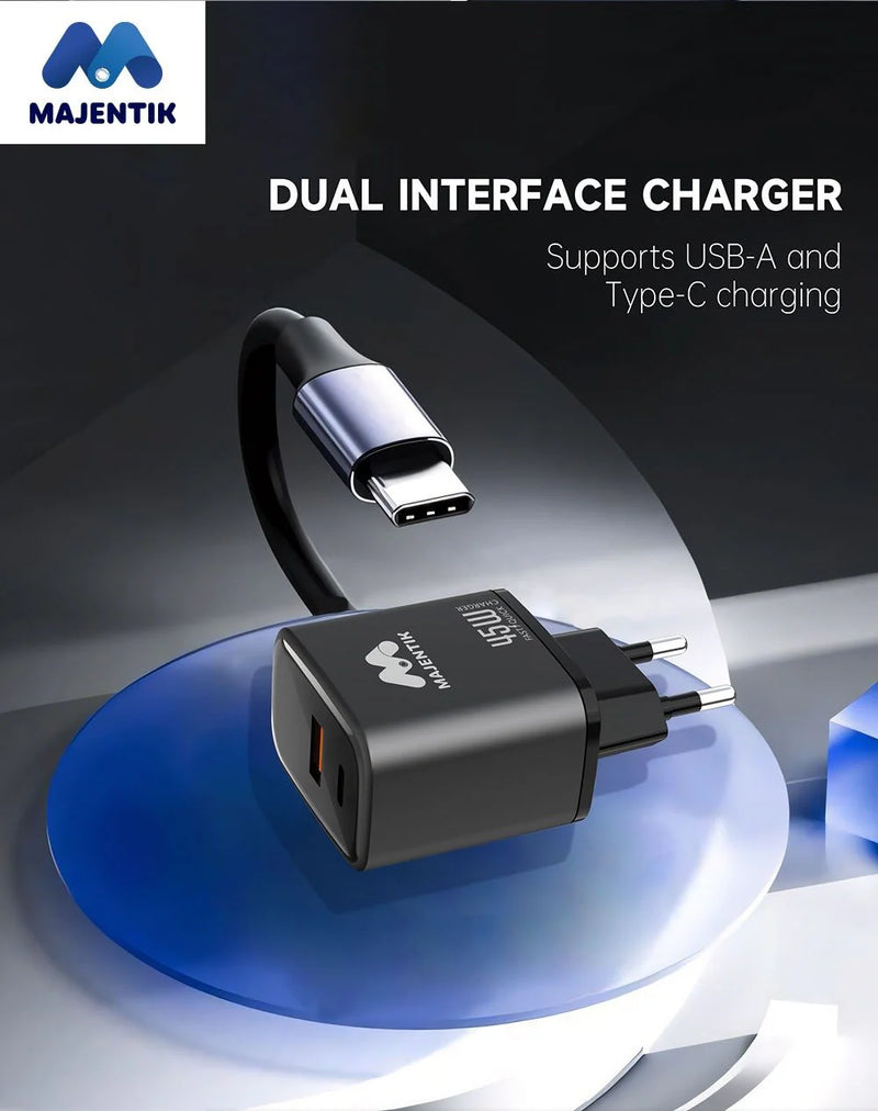 Majentik MC-006 45W GaN Fast Charger – Dual Port USB & PD Compact Wall Charger
