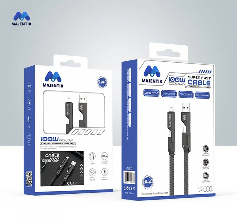Majentik CL-012 4-in-1 Fast Charging Data Cable – 100W PD Fabric Braided with Auto Power-Off (1M)
