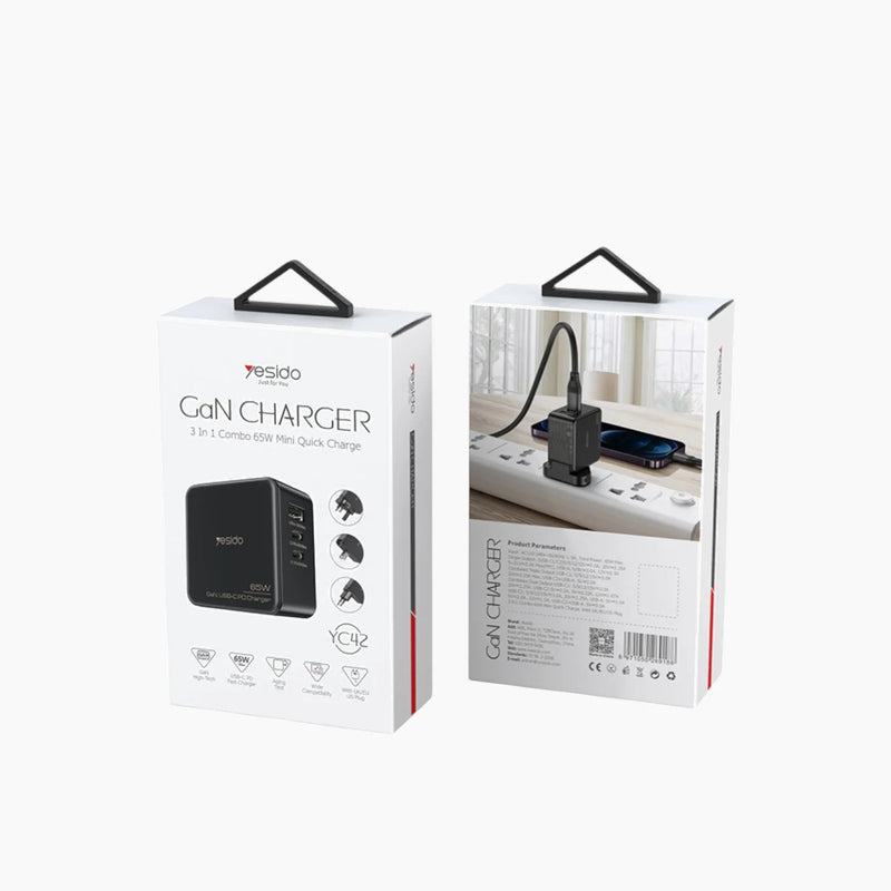 Yesido YC42 65W GaN Fast Wall Charger – Triple Port with Replaceable Plugs (EU+US+UK)